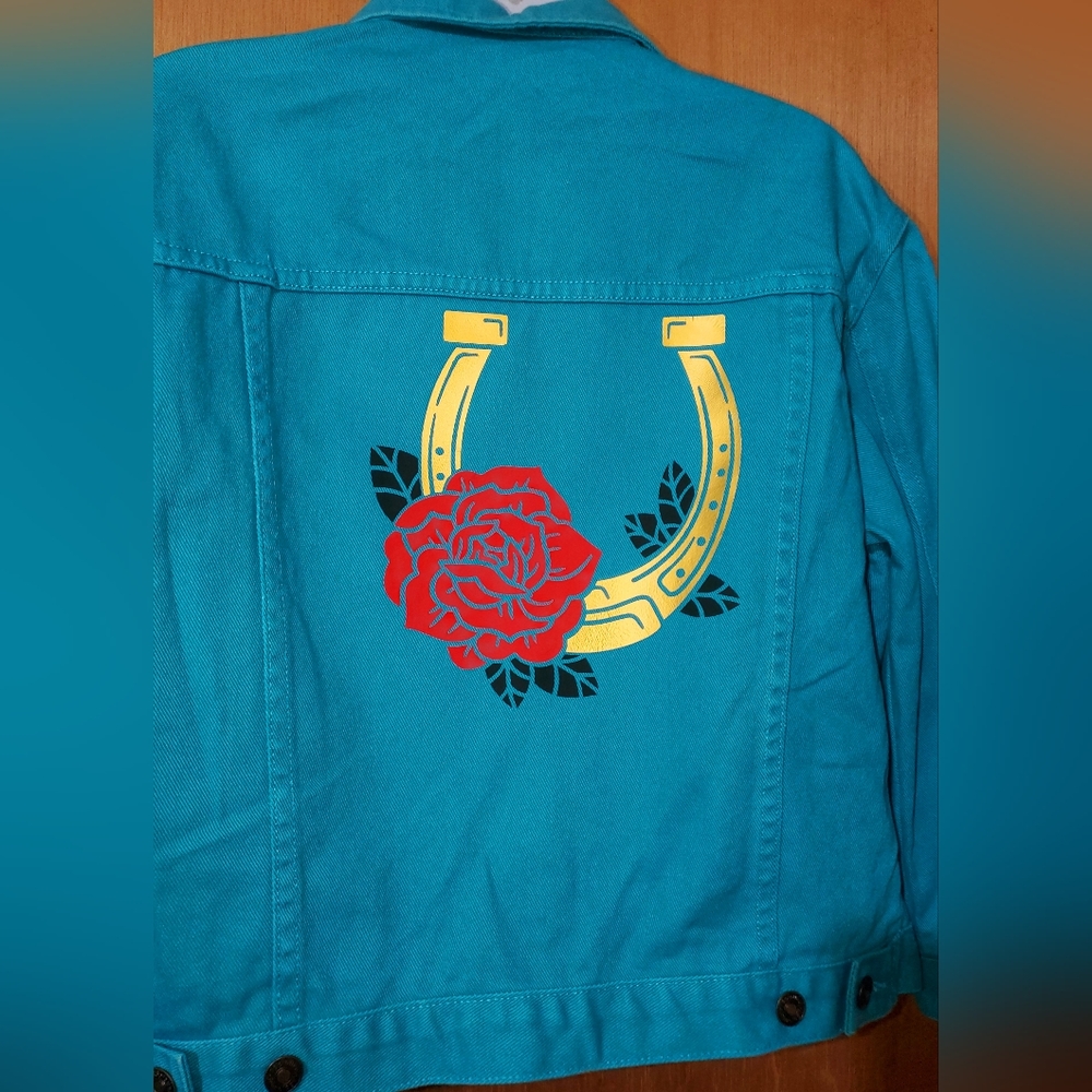 Revamped Jeanology Turquoise Denim Jacket Size 13/ Embellished Jacket